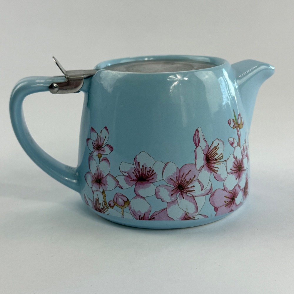Light Blue Cherry‎ Blossom Ceramic Teapot with Stainless Steel Infuser and Lid